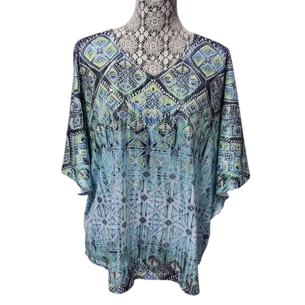 Jess & Jane Women's Geometric Print Butterfly Sleeve Top XL